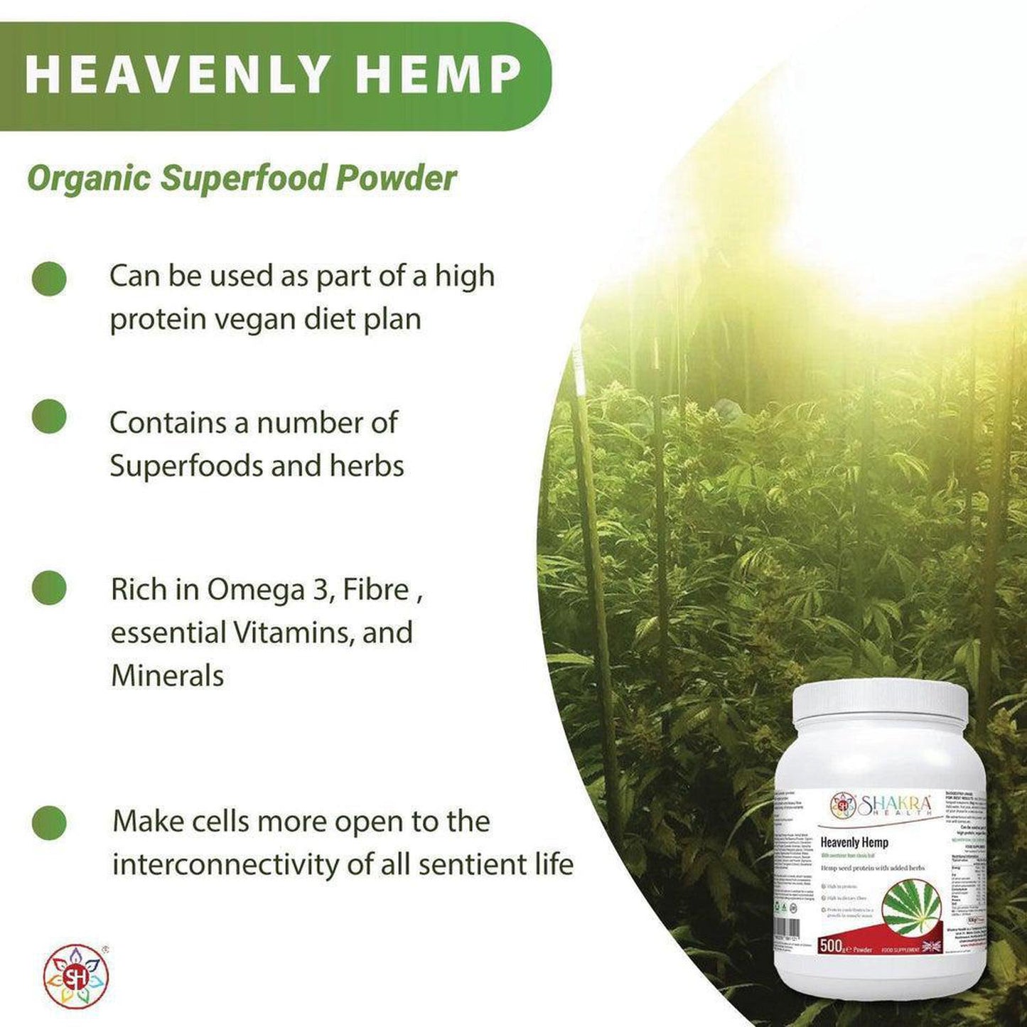 Heavenly Hemp | Hemp Seed & Superfood Plant Protein Powder High in Dietary Fibre - Hemp Seed opens our cells to cosmic interconnectivity If there were one food designed to help elevate us into the higher paradigm then hemp would be it. Heavenly Hemp is one of the best protein sources for people on a plant-based diet. Buy Now at Sacred Remedy