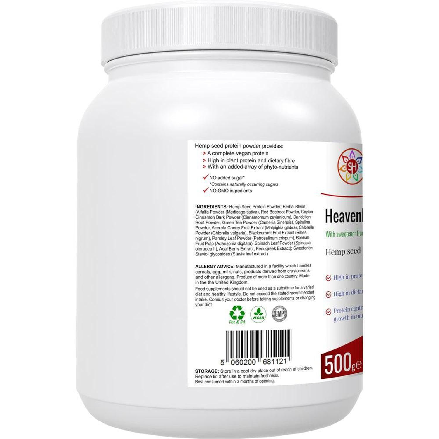 Heavenly Hemp | Hemp Seed & Superfood High in Dietary Fibre - Complete, balanced vegan protein powder from Hemp Seed. Contains all 21 amino acids, Omega 3:6 balance & 15 superfoods for energy, gut, and heart health. Buy Now at Sacred Remedy