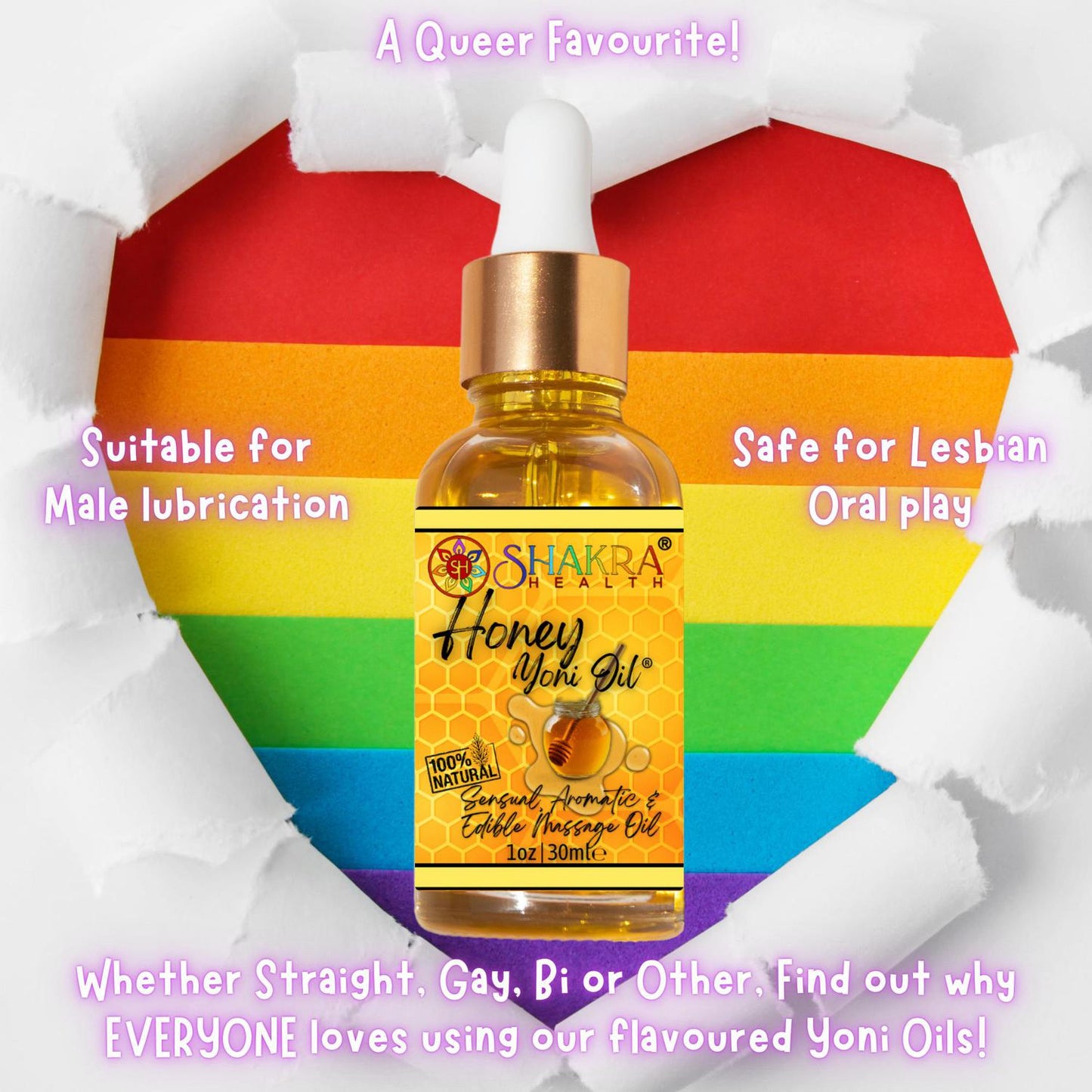 Honey Flavoured Yoni Oil. Natural, Vegan Body Care. - Unleash your confidence with our luxurious LGBTQ+ gender neutral, pH balanced & moisturising, edible Yoni Oil. Celebrate your body with our unique, inclusive, organic product. Discover the secret to ultimate comfort, massage, relaxation & pleasure in this versatile oil. Experience pure bliss. Buy Now at Sacred Remedy