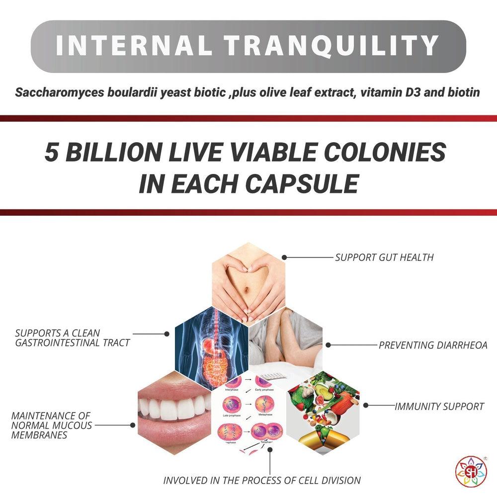 Buy Internal Tranquility | Balance Gut Flora with Saccharomyces Boulardii Probiotic Yeast - Restore Gut Balance & Digestive Harmony. Ideal for use following antibiotics, travelling abroad & after colonic hydrotherapy treatments. A powerful, yet gentle, approach to supporting your digestive health. This daily supplement features a high dose of this beneficial, probiotic yeast strain. at Sacred Remedy Online