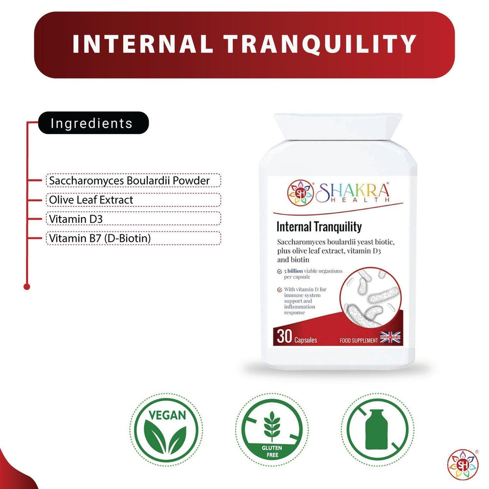 Buy Internal Tranquility | Balance Gut Flora with Saccharomyces Boulardii Probiotic Yeast - Restore Gut Balance & Digestive Harmony. Ideal for use following antibiotics, travelling abroad & after colonic hydrotherapy treatments. A powerful, yet gentle, approach to supporting your digestive health. This daily supplement features a high dose of this beneficial, probiotic yeast strain. at Sacred Remedy Online