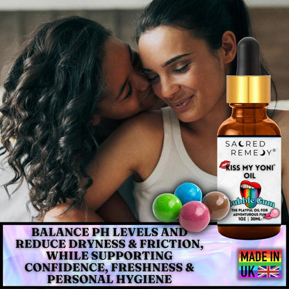 Edible Bubblegum Yoni Oil | Fun, Vegan & PH-Balanced - Shop the Kiss My Yoni Oil in Bubblegum. Edible, vegan, non-sticky oil for self-care, massage, and intimacy. Natural, PH-balanced, and completely safe for all. Buy Now at Sacred Remedy
