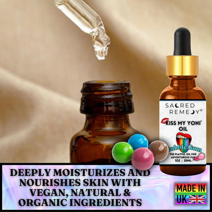 Edible Bubblegum Yoni Oil | Fun, Vegan & PH-Balanced - Shop the Kiss My Yoni Oil in Bubblegum. Edible, vegan, non-sticky oil for self-care, massage, and intimacy. Natural, PH-balanced, and completely safe for all. Buy Now at Sacred Remedy