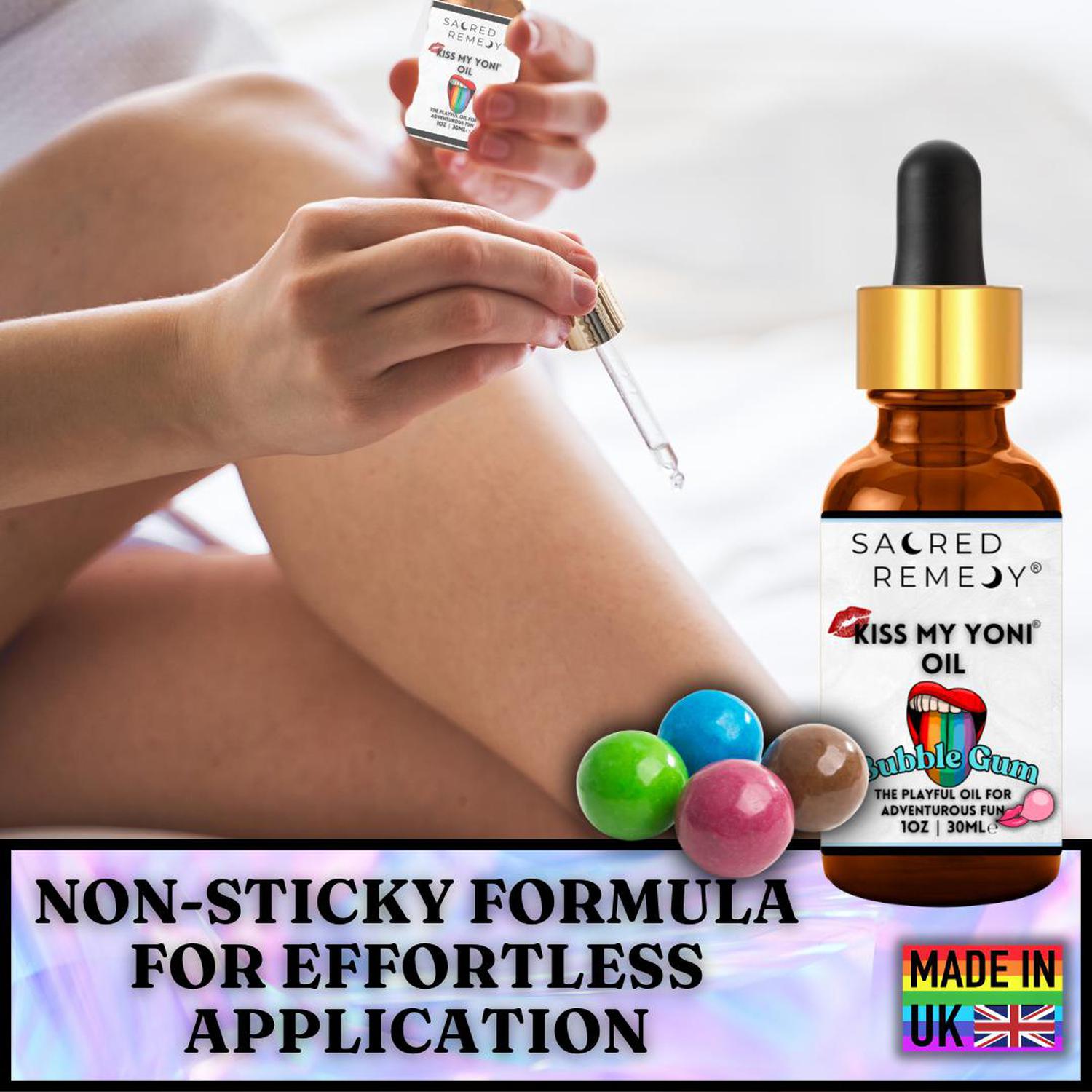Edible Bubblegum Yoni Oil | Fun, Vegan & PH-Balanced - Shop the Kiss My Yoni Oil in Bubblegum. Edible, vegan, non-sticky oil for self-care, massage, and intimacy. Natural, PH-balanced, and completely safe for all. Buy Now at Sacred Remedy