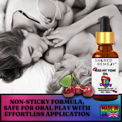 Kiss My Yoni Oil - Cherry Edible Massage & Feminine Care - Delicious Cherry Kiss My Yoni Oil. Edible, vegan, non-sticky massage oil & PH-Balanced for confident intimacy & self-care. LGBTQ+ inclusive. Buy Now at Sacred Remedy