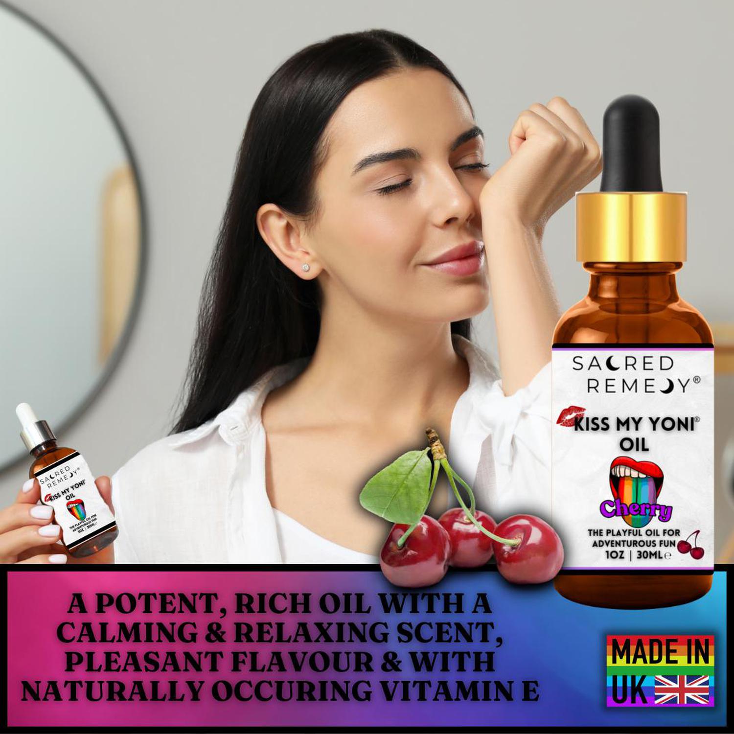 Kiss My Yoni Oil - Cherry Edible Massage & Feminine Care - Delicious Cherry Kiss My Yoni Oil. Edible, vegan, non-sticky massage oil & PH-Balanced for confident intimacy & self-care. LGBTQ+ inclusive. Buy Now at Sacred Remedy