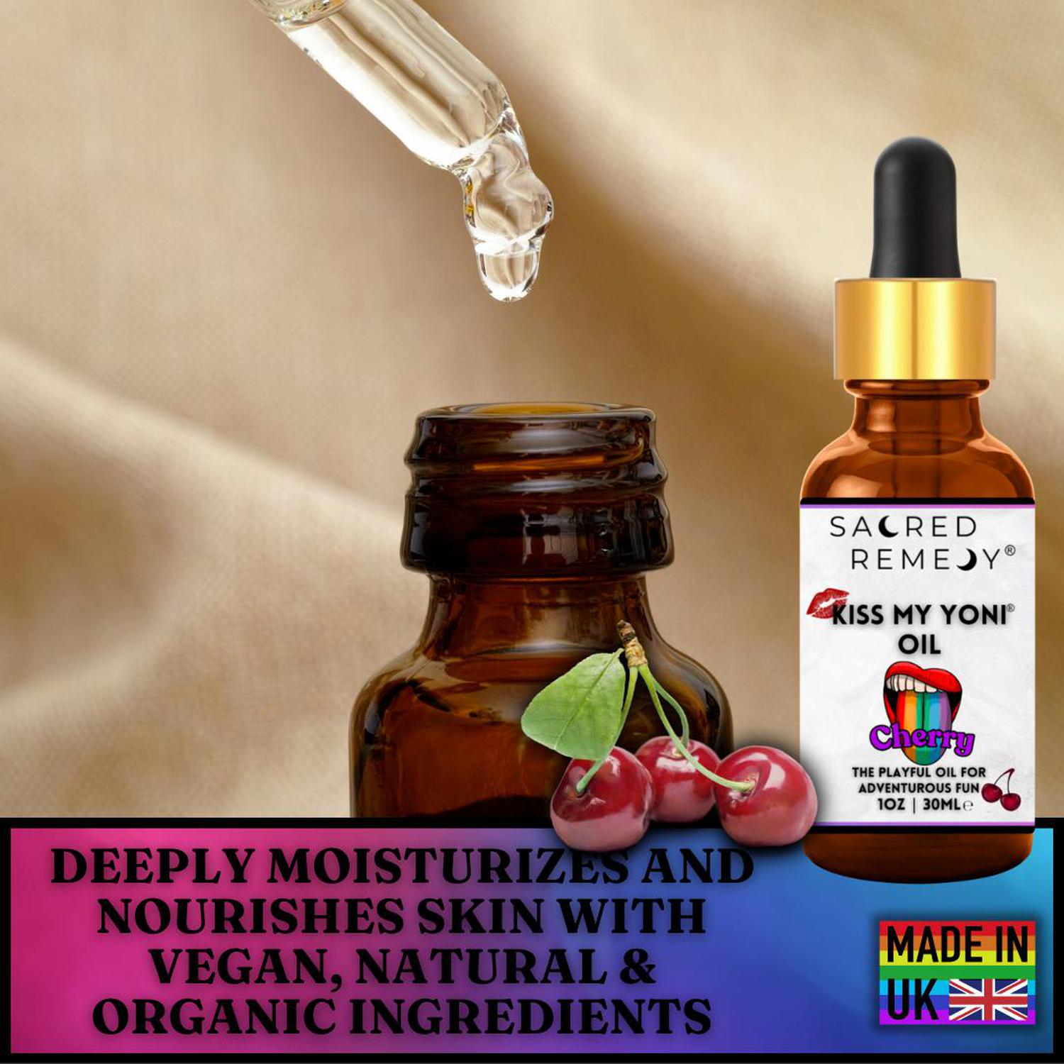 Kiss My Yoni Oil - Cherry Edible Massage & Feminine Care - Delicious Cherry Kiss My Yoni Oil. Edible, vegan, non-sticky massage oil & PH-Balanced for confident intimacy & self-care. LGBTQ+ inclusive. Buy Now at Sacred Remedy