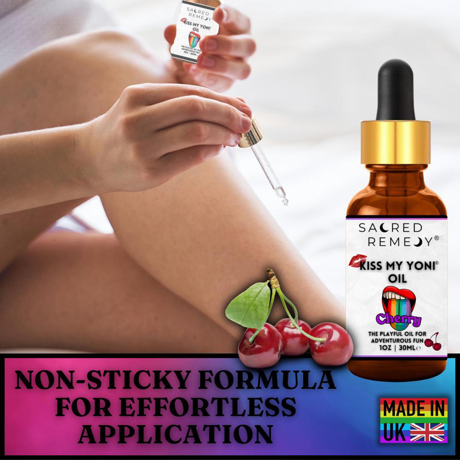 Kiss My Yoni Oil - Cherry Edible Massage & Feminine Care - Delicious Cherry Kiss My Yoni Oil. Edible, vegan, non-sticky massage oil & PH-Balanced for confident intimacy & self-care. LGBTQ+ inclusive. Buy Now at Sacred Remedy