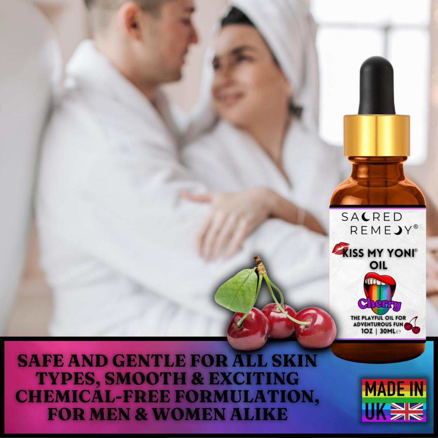 Kiss My Yoni Oil - Cherry Edible Massage & Feminine Care - Delicious Cherry Kiss My Yoni Oil. Edible, vegan, non-sticky massage oil & PH-Balanced for confident intimacy & self-care. LGBTQ+ inclusive. Buy Now at Sacred Remedy