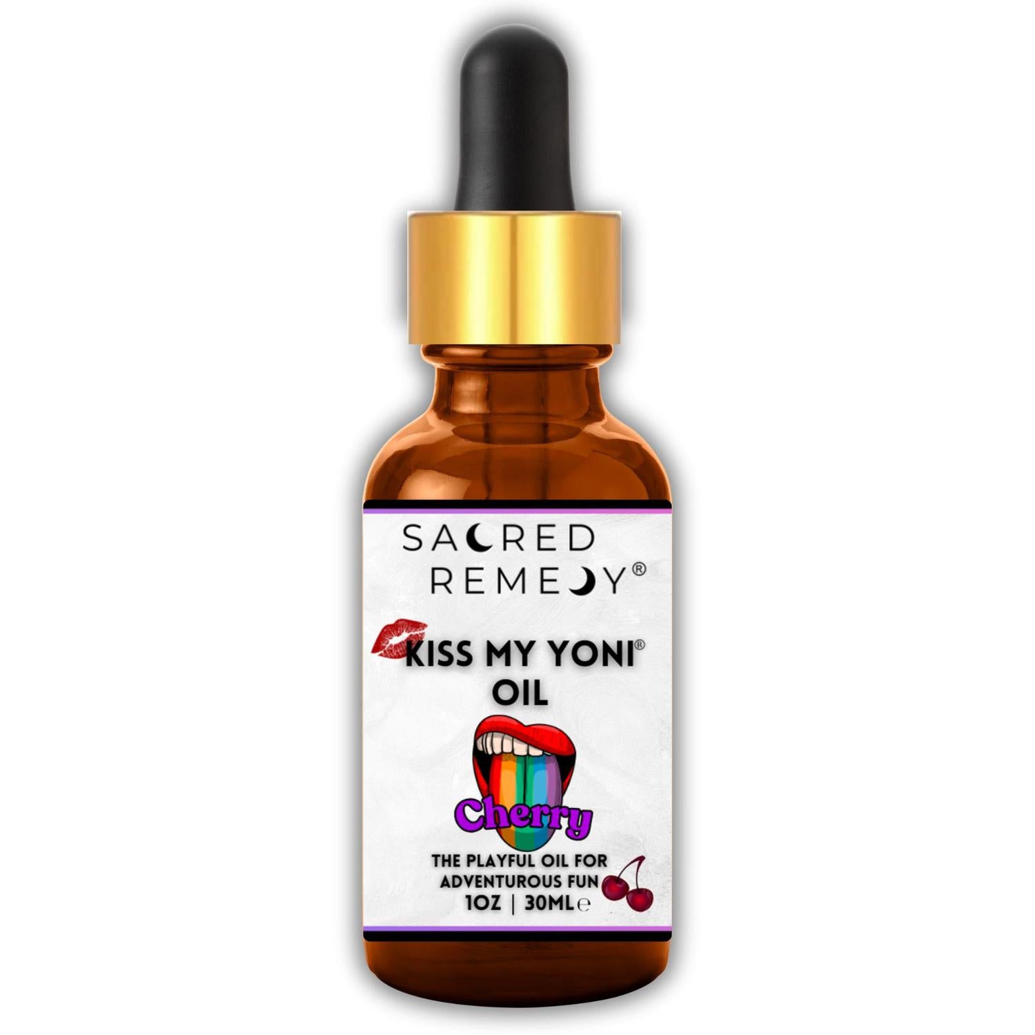 Kiss My Yoni Oil - Cherry Edible Massage & Feminine Care - Delicious Cherry Kiss My Yoni Oil. Edible, vegan, non-sticky massage oil & PH-Balanced for confident intimacy & self-care. LGBTQ+ inclusive. Buy Now at Sacred Remedy