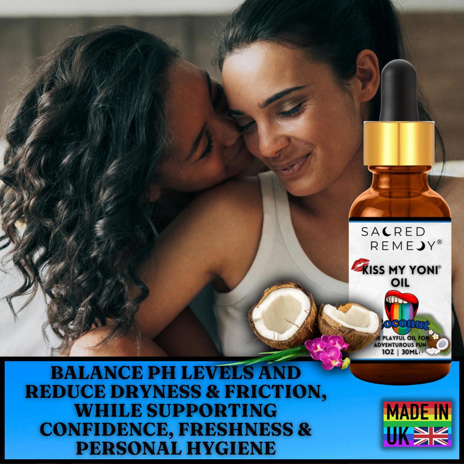 Kiss My Yoni Oil - Coconut Edible Massage & Femme Oil - Coconut Kiss My Yoni Oil. Edible, vegan, non-sticky massage oil & PH-Balanced Femme Care for confident intimacy & self-care. Tropical vibes and ultimate smoothness. Buy Now at Sacred Remedy