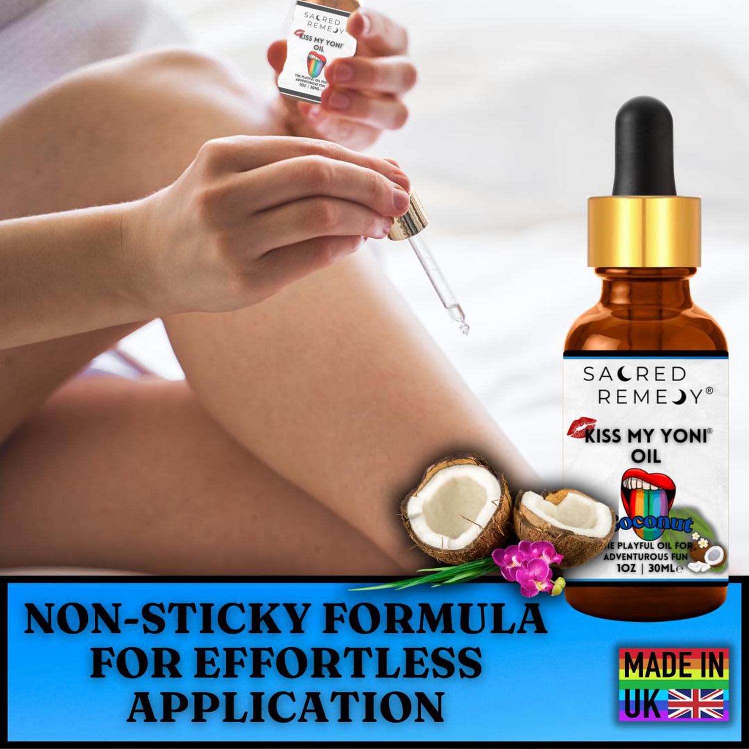 Kiss My Yoni Oil - Coconut Edible Massage & Femme Oil - Coconut Kiss My Yoni Oil. Edible, vegan, non-sticky massage oil & PH-Balanced Femme Care for confident intimacy & self-care. Tropical vibes and ultimate smoothness. Buy Now at Sacred Remedy