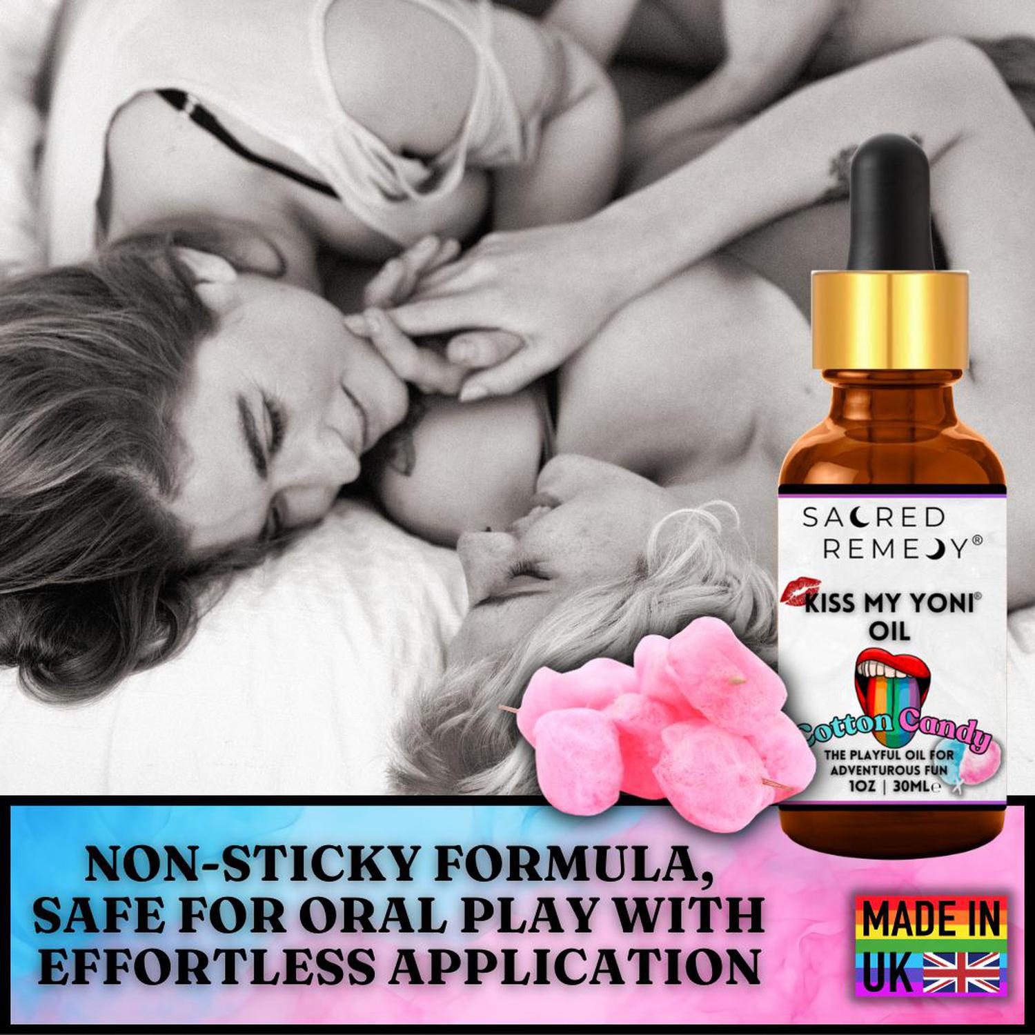 Kiss My Yoni Oil | Cotton Candy | Edible, Vegan & Non-Sticky Body Rub - Indulge in sweet self-love! This edible, vegan, non-sticky Cotton Candy Yoni Oil is PH Balanced and perfect for massage, pleasure, and total body pampering. Buy Now at Sacred Remedy