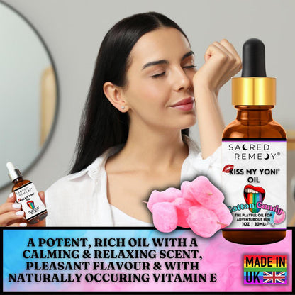 Kiss My Yoni Oil | Cotton Candy | Edible, Vegan & Non-Sticky Body Rub - Indulge in sweet self-love! This edible, vegan, non-sticky Cotton Candy Yoni Oil is PH Balanced and perfect for massage, pleasure, and total body pampering. Buy Now at Sacred Remedy