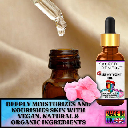 Kiss My Yoni Oil | Cotton Candy | Edible, Vegan & Non-Sticky Body Rub - Indulge in sweet self-love! This edible, vegan, non-sticky Cotton Candy Yoni Oil is PH Balanced and perfect for massage, pleasure, and total body pampering. Buy Now at Sacred Remedy