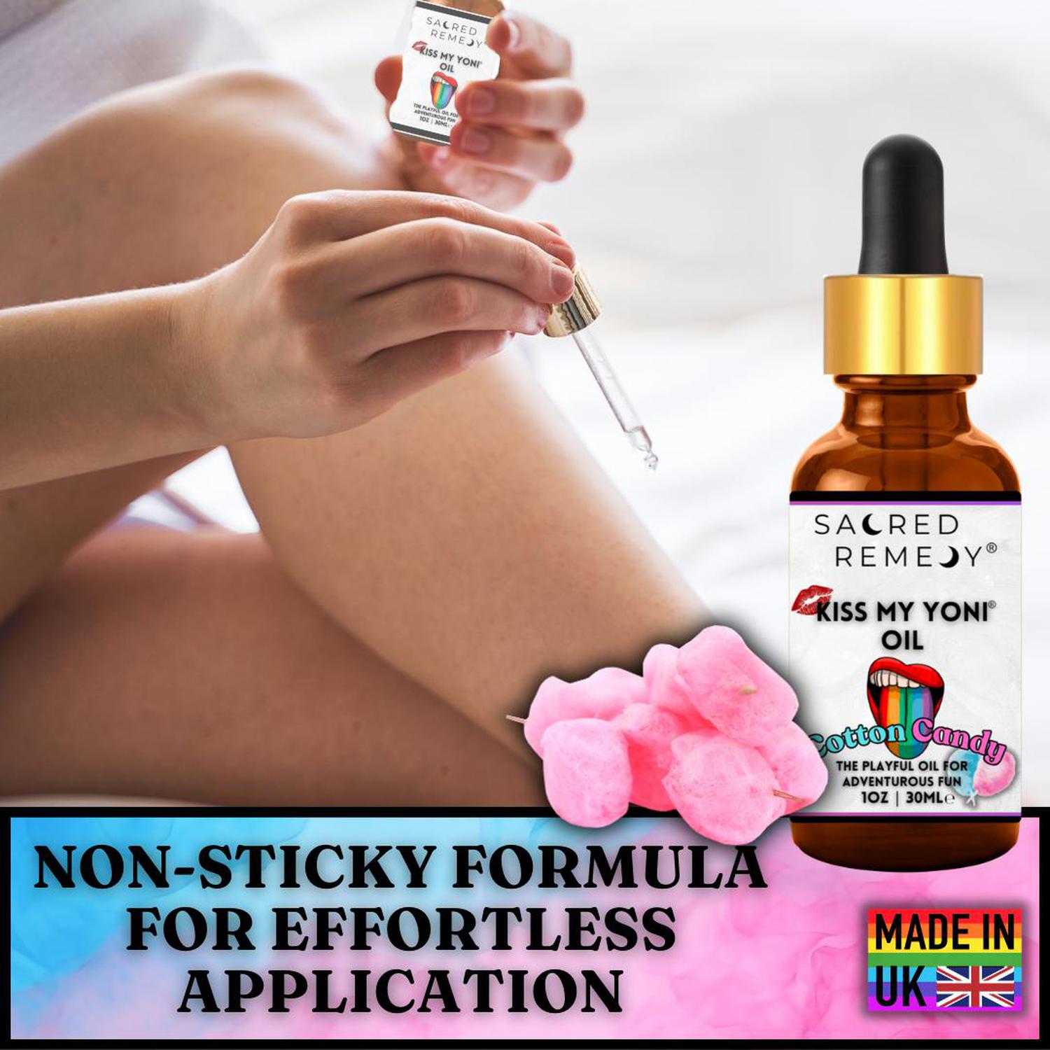 Kiss My Yoni Oil | Cotton Candy | Edible, Vegan & Non-Sticky Body Rub - Indulge in sweet self-love! This edible, vegan, non-sticky Cotton Candy Yoni Oil is PH Balanced and perfect for massage, pleasure, and total body pampering. Buy Now at Sacred Remedy