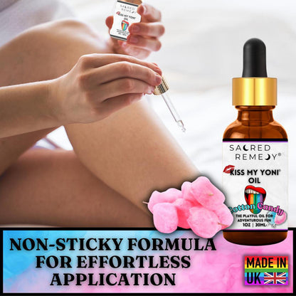 Kiss My Yoni Oil | Cotton Candy | Edible, Vegan & Non-Sticky Body Rub - Indulge in sweet self-love! This edible, vegan, non-sticky Cotton Candy Yoni Oil is PH Balanced and perfect for massage, pleasure, and total body pampering. Buy Now at Sacred Remedy