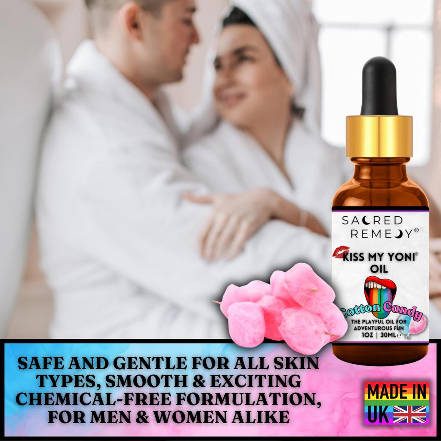 Kiss My Yoni Oil | Cotton Candy | Edible, Vegan & Non-Sticky Body Rub - Indulge in sweet self-love! This edible, vegan, non-sticky Cotton Candy Yoni Oil is PH Balanced and perfect for massage, pleasure, and total body pampering. Buy Now at Sacred Remedy