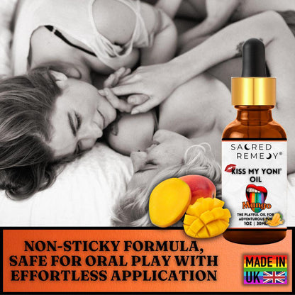 Kiss My Yoni Oil - Mango Edible Massage & Feminine Care - Mango Kiss My Yoni Oil. Edible, vegan, non-sticky massage oil & PH-Balanced femme oil for confident intimacy & self-care. Tropical flavour and ultimate smoothness. Buy Now at Sacred Remedy