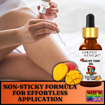 Kiss My Yoni Oil - Mango Edible Massage & Feminine Care - Mango Kiss My Yoni Oil. Edible, vegan, non-sticky massage oil & PH-Balanced femme oil for confident intimacy & self-care. Tropical flavour and ultimate smoothness. Buy Now at Sacred Remedy