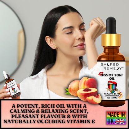Kiss My Yoni Oil Peach | Fresh, Natural, Body Oil, Massage (30ml) - Peach-flavoured, non-sticky Yoni & Body Massage Oil (30ml). Vegan, organic, and edible. pH-balanced and gentle for all genders and intimate use. Buy Now at Sacred Remedy