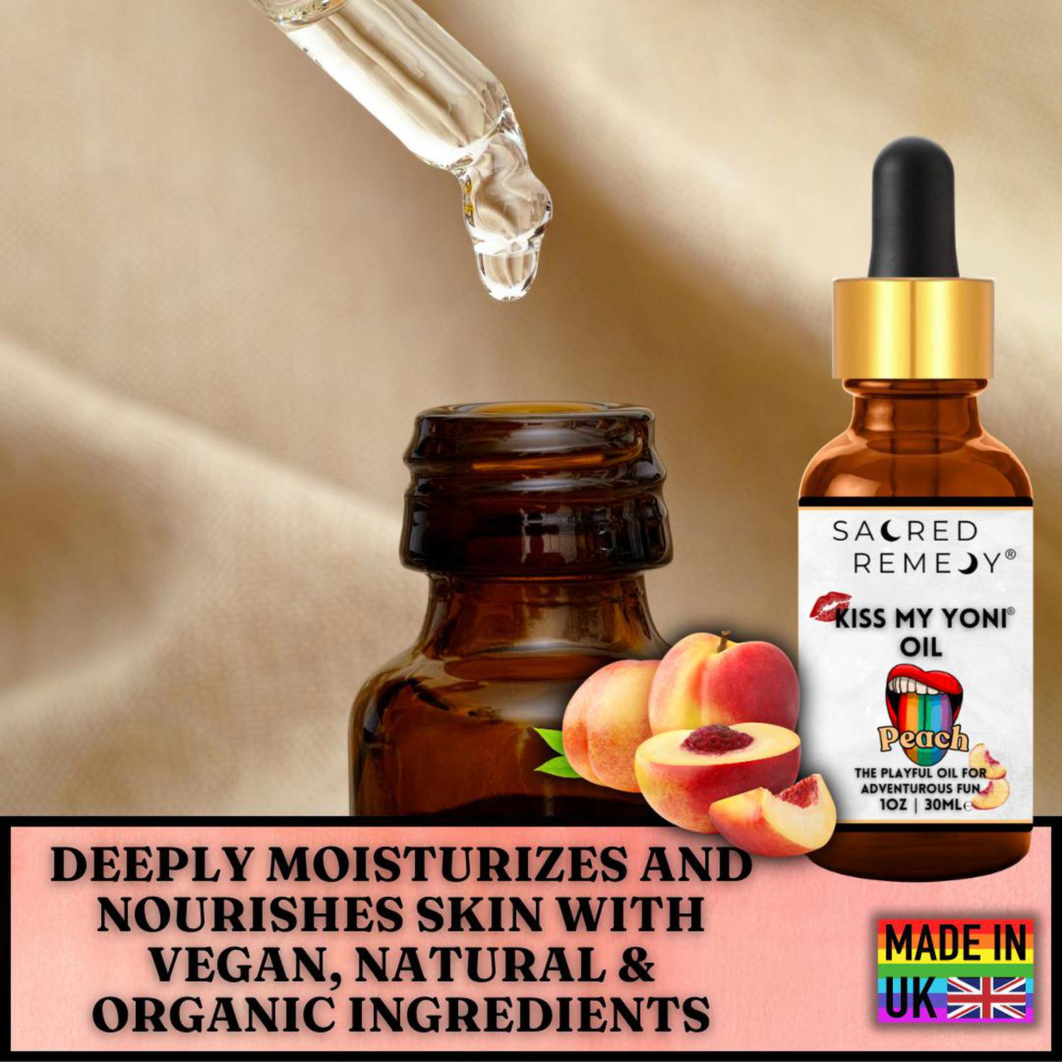 Kiss My Yoni Oil Peach | Fresh, Natural, Body Oil, Massage (30ml) - Peach-flavoured, non-sticky Yoni & Body Massage Oil (30ml). Vegan, organic, and edible. pH-balanced and gentle for all genders and intimate use. Buy Now at Sacred Remedy