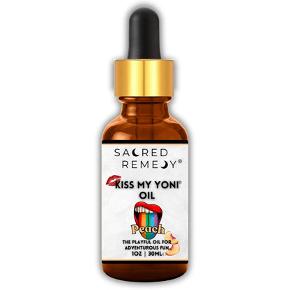 Kiss My Yoni Oil Peach | Fresh, Natural, Body Oil, Massage (30ml) - Peach-flavoured, non-sticky Yoni & Body Massage Oil (30ml). Vegan, organic, and edible. pH-balanced and gentle for all genders and intimate use. Buy Now at Sacred Remedy