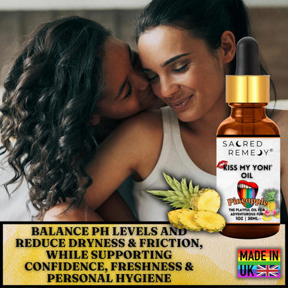 Kiss My Yoni Oil - Pineapple Edible Massage & Feminine Care - Pineapple Kiss My Yoni Oil. Edible, vegan, non-sticky massage oil & PH-Balanced Femme Oil for confident intimacy & self-care. Tropical fun and ultimate smoothness. Buy Now at Sacred Remedy