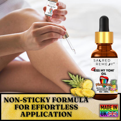 Kiss My Yoni Oil - Pineapple Edible Massage & Feminine Care - Pineapple Kiss My Yoni Oil. Edible, vegan, non-sticky massage oil & PH-Balanced Femme Oil for confident intimacy & self-care. Tropical fun and ultimate smoothness. Buy Now at Sacred Remedy