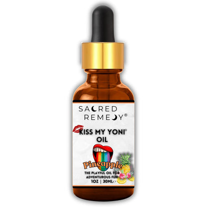 Kiss My Yoni Oil - Pineapple Edible Massage & Feminine Care - Pineapple Kiss My Yoni Oil. Edible, vegan, non-sticky massage oil & PH-Balanced Femme Oil for confident intimacy & self-care. Tropical fun and ultimate smoothness. Buy Now at Sacred Remedy