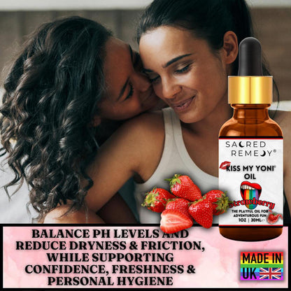 Kiss My Yoni Oil - Strawberry Edible Massage & Intimate Care - Delicious Strawberry Kiss My Yoni Oil. Edible, vegan, non-sticky massage oil & PH-Balanced for confident intimacy & self-care. LGBTQ+ inclusive. Buy Now at Sacred Remedy