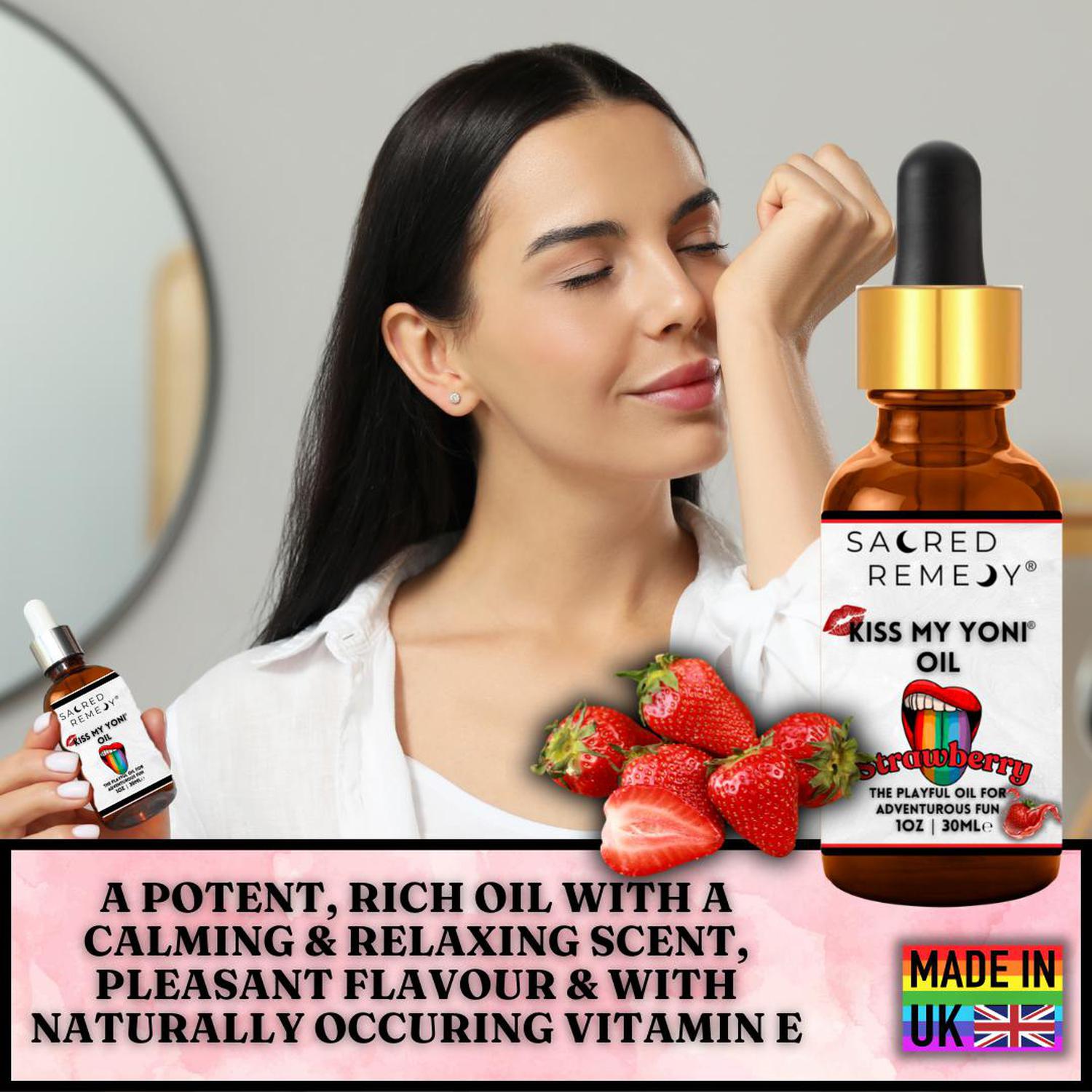 Kiss My Yoni Oil - Strawberry Edible Massage & Intimate Care - Delicious Strawberry Kiss My Yoni Oil. Edible, vegan, non-sticky massage oil & PH-Balanced for confident intimacy & self-care. LGBTQ+ inclusive. Buy Now at Sacred Remedy