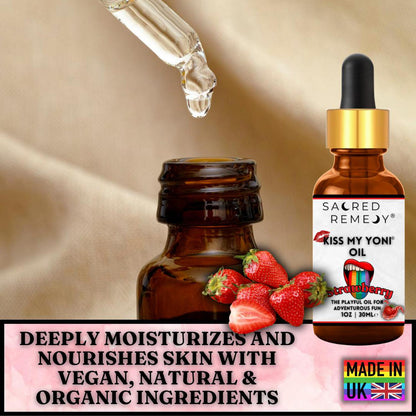 Kiss My Yoni Oil - Strawberry Edible Massage & Intimate Care - Delicious Strawberry Kiss My Yoni Oil. Edible, vegan, non-sticky massage oil & PH-Balanced for confident intimacy & self-care. LGBTQ+ inclusive. Buy Now at Sacred Remedy
