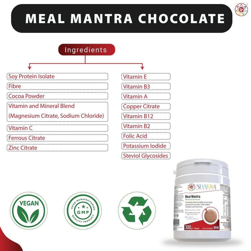 Buy Meal Mantra Chocolate Vegan Non-GM Soya Protein Isolate Powder That Helps Combat Cravings - Meal Mantra Chocolate is a vegan chocolate protein powder that is high in protein, low in sugar, and contains essential vitamins and minerals. It can be used for weight loss, meal replacement, and post-workout recovery. at Sacred Remedy Online