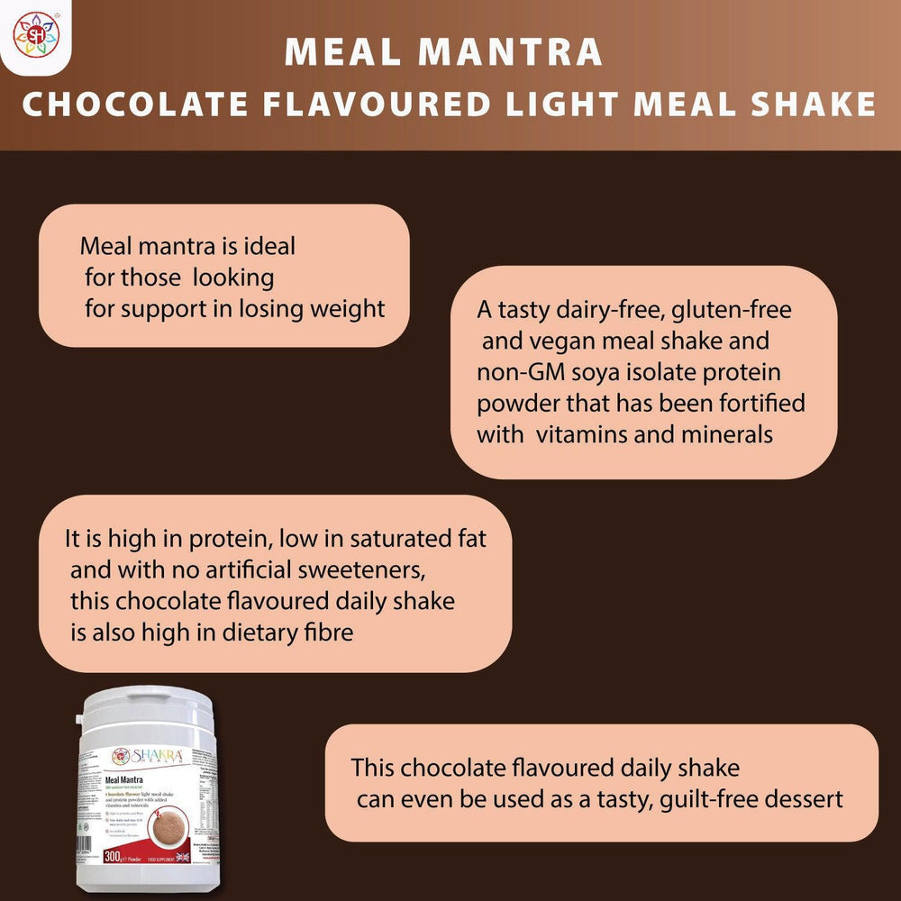 Buy Meal Mantra Chocolate Vegan Non-GM Soya Protein Isolate Powder That Helps Combat Cravings - Meal Mantra Chocolate is a vegan chocolate protein powder that is high in protein, low in sugar, and contains essential vitamins and minerals. It can be used for weight loss, meal replacement, and post-workout recovery. at Sacred Remedy Online