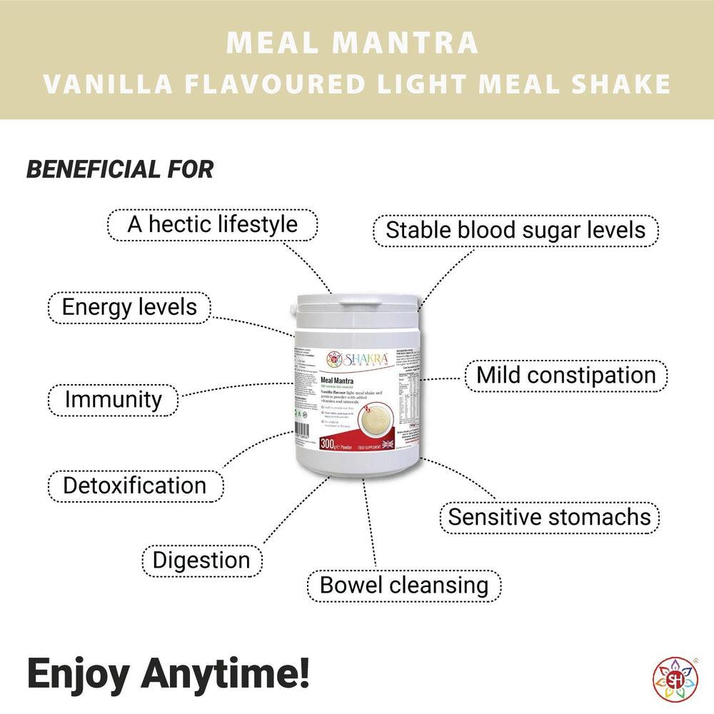 Buy Meal Mantra Vanilla Vegan Non-GM Soya Protein Isolate Powder. - Looking for a convenient, nutritious, and satisfying way to support your health goals?
 Look no further than Meal Mantra Vanilla Shake! This plant-based protein powder packs a powerful punch, making it a perfect meal replacement or on-the-go snack. at Sacred Remedy Online