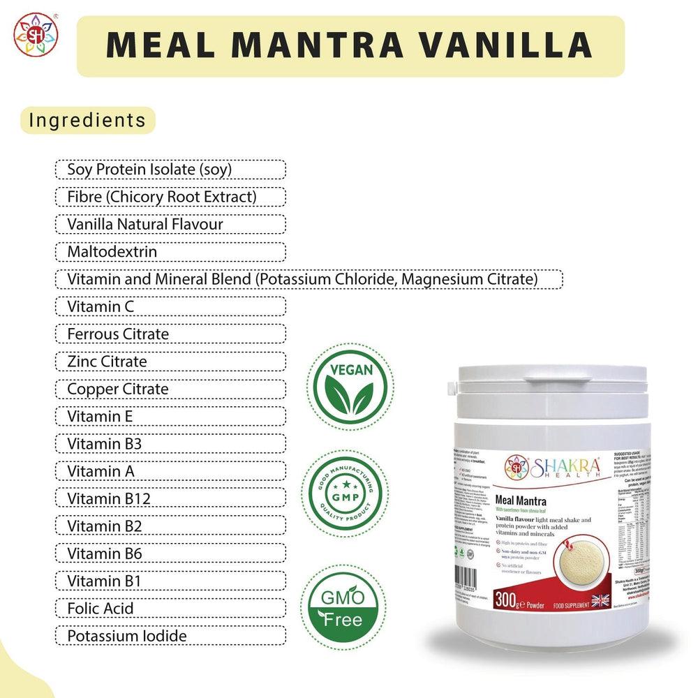 Buy Meal Mantra Vanilla Vegan Non-GM Soya Protein Isolate Powder. - Looking for a convenient, nutritious, and satisfying way to support your health goals?
 Look no further than Meal Mantra Vanilla Shake! This plant-based protein powder packs a powerful punch, making it a perfect meal replacement or on-the-go snack. at Sacred Remedy Online