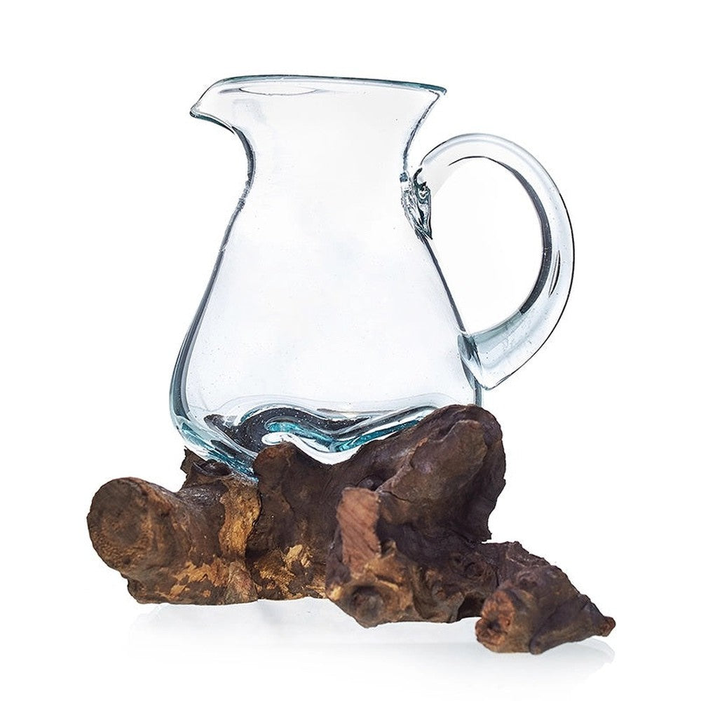 Buy Molten Glass on Wood Pitcher Jug. Removeable Decanter, Serving Carafe - Crafted by hand in Bali from recycled glass and Balinese Gamal wood. Each piece is entirely unique, the wood is natural, the glass is handblown. This stunning, molten art Water Jug brings the best of two worlds together: natural and man-made; earthy and chic; practical and spiritual. at Sacred Remedy Online