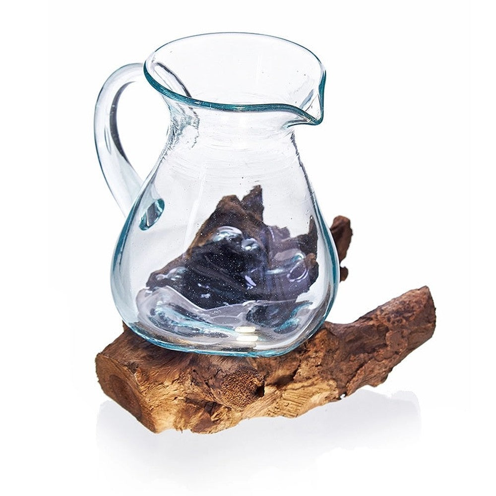 Buy Molten Glass on Wood Pitcher Jug. Removeable Decanter, Serving Carafe - Crafted by hand in Bali from recycled glass and Balinese Gamal wood. Each piece is entirely unique, the wood is natural, the glass is handblown. This stunning, molten art Water Jug brings the best of two worlds together: natural and man-made; earthy and chic; practical and spiritual. at Sacred Remedy Online