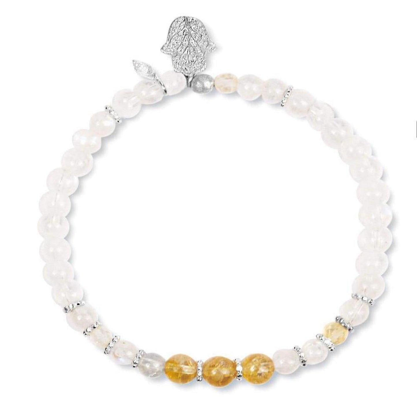 Moonstone & Citrine Bracelet | Health & Healing Stones - It is a denial of the divinity within us to doubt our potential and our possibilities. Channel the brilliant white illumination of moonbeams shining on your pathway to balance and harmony. Citrine stones in the center are linked with joy and optimism, which gives you the motivation you need to accomplish your goals. Buy Now at Sacred Remedy