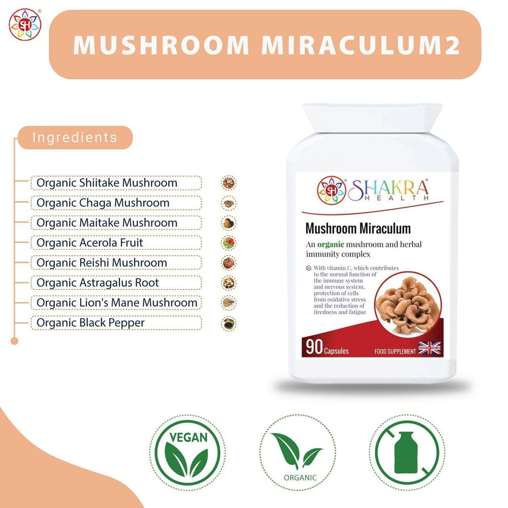 Buy Mushroom Miraculum | Mushroom Complex with Maitake, Reishi, Shiitake, Lion's Mane, Chaga - Mushrooms have always occupied a curious spot in the human psyche. This special complex supports everything from cognitive function, mental well-being and energy levels, to healthy digestion, lower levels of inflammation, protection from oxidative stress and general wellness. at Sacred Remedy Online