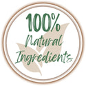 Circular logo with '100% Natural Ingredients' text and leaves on a white background