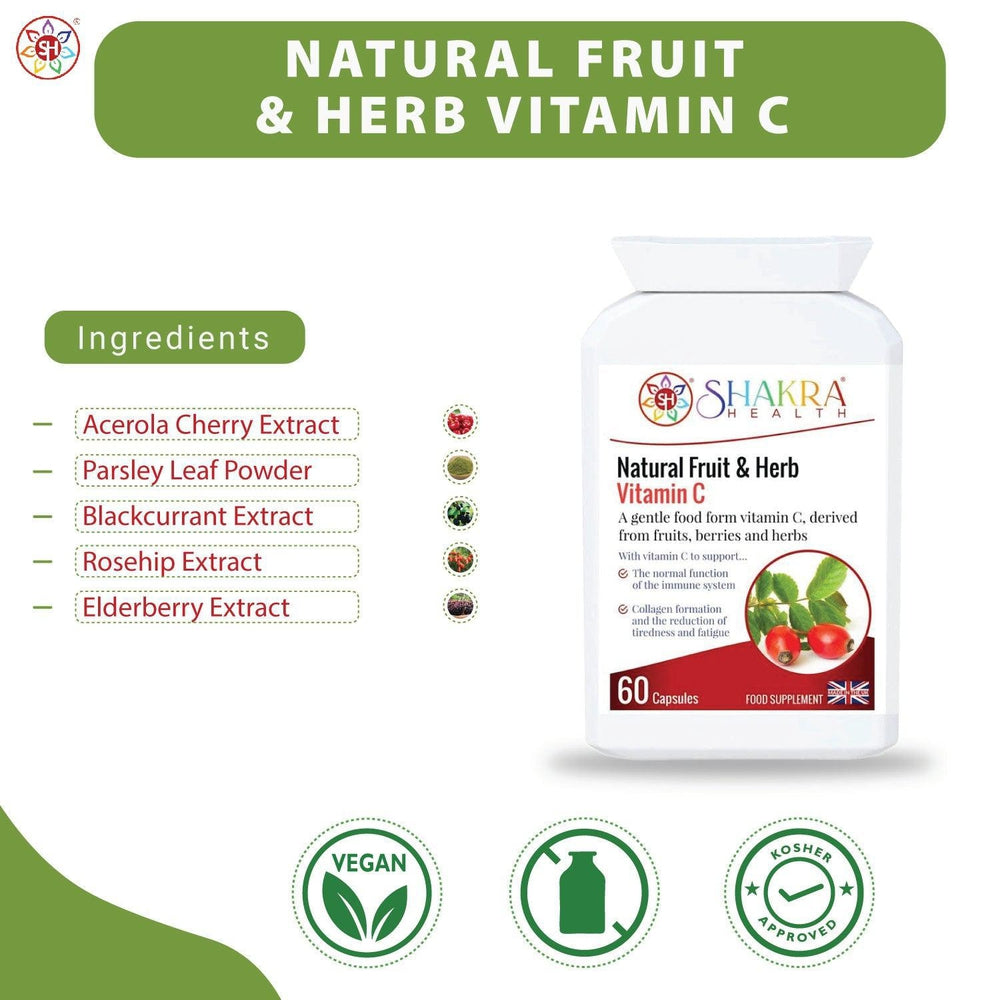 Buy Natural Fruit & Herb Vitamin C | Gentle & Non-Acidic. No Ascorbic Acid - Embrace Whole-Food Power with Natural Fruit & Herb Vitamin C Capsules! The fruit and herb blend provides a rich source of antioxidants that fight free radical damage and support overall health. Packed with antioxidants, vitamins, minerals, bioflavonoids, pectins, essential oils, lycopene, carotenoids & more! at Sacred Remedy Online