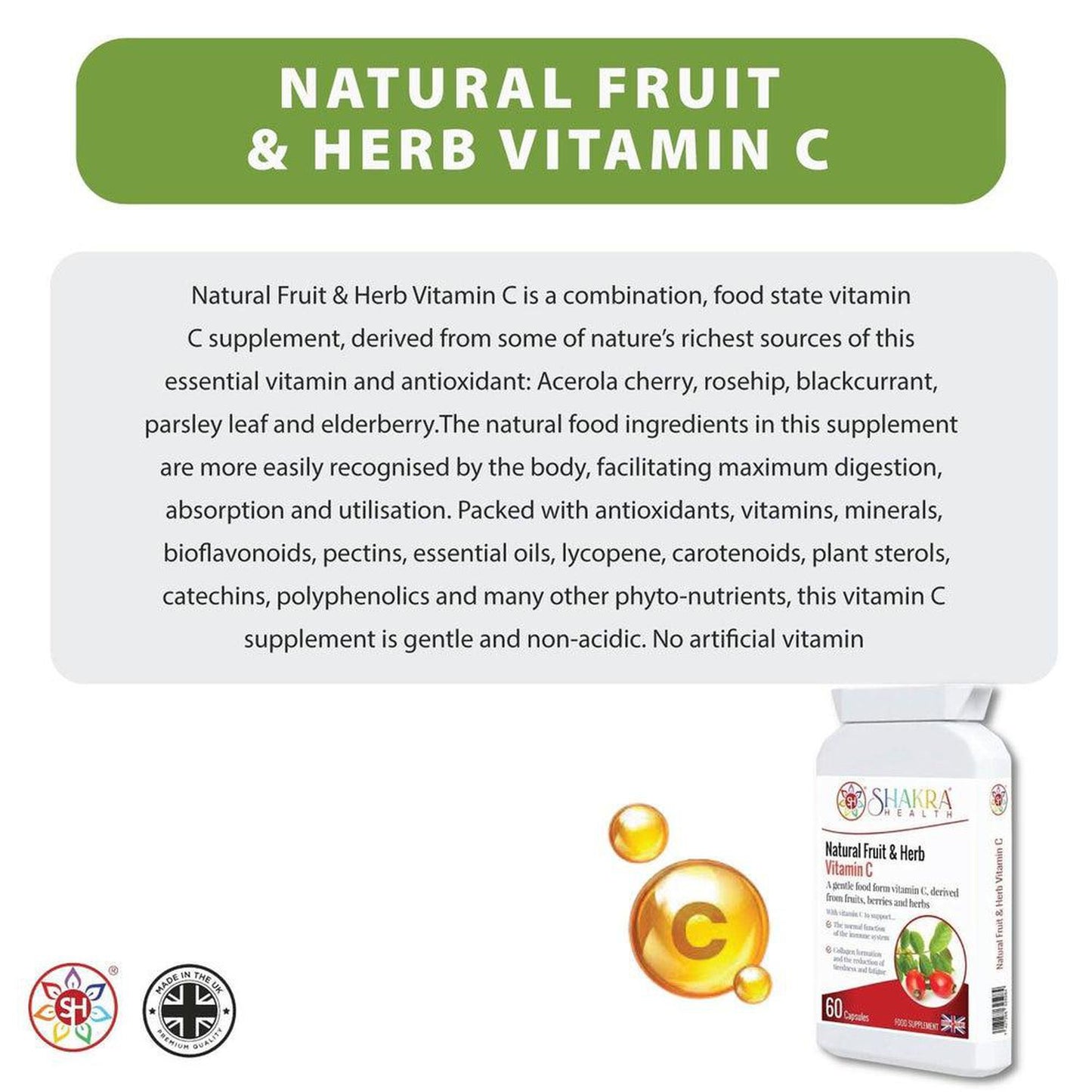 Natural Fruit & Herb Vitamin C | Gentle & Non-Acidic. No Ascorbic Acid - Embrace Whole-Food Power with Natural Fruit & Herb Vitamin C Capsules! The fruit and herb blend provides a rich source of antioxidants that fight free radical damage and support overall health. Packed with antioxidants, vitamins, minerals, bioflavonoids, pectins, essential oils, lycopene, carotenoids & more! Buy Now at Sacred Remedy