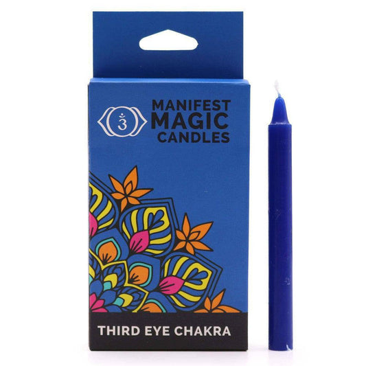 Third Eye Chakra: Inspiration [Navy Candles] Meditation / Spell Work - Presenting the Manifest Magic Candle, a potent tool for igniting desires and elevating spiritual journeys. Our Third Eye Chakra Candle was created to promote Intuition, Insight, and Intellect. The Third Eye Chakra (The Ajna) is located just above the physical eyes in the center of the brows. Buy Now at Sacred Remedy