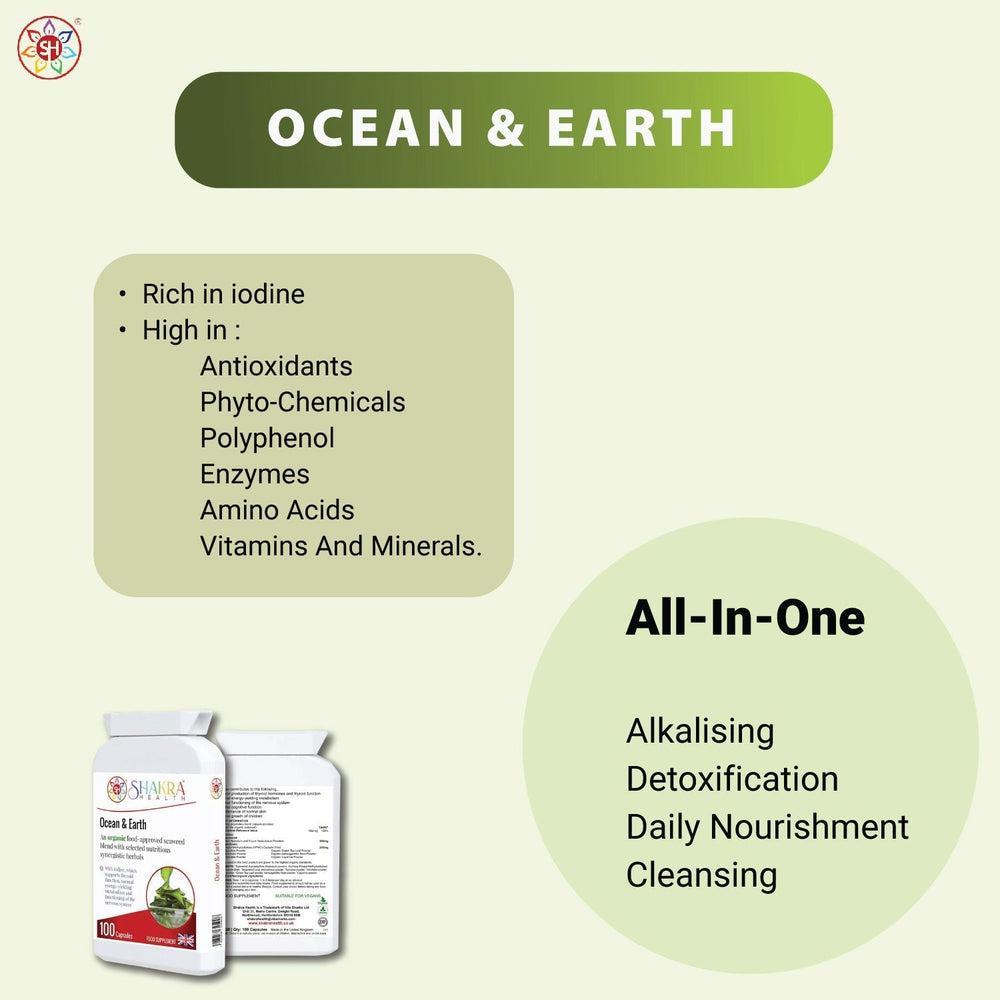 Buy Ocean & Earth | Organic, Alkalising, Detox. Heavy Metal Cleaning of the System. - Unleash the Power of Ocean & Earth in Every Capsule! Ocean & Earth is a powerful all-in-one alkalising, cleansing, detoxification and daily nourishment formula, which combines the best of nutrient-dense foods from both the sea and Earth’s soil. at Sacred Remedy Online