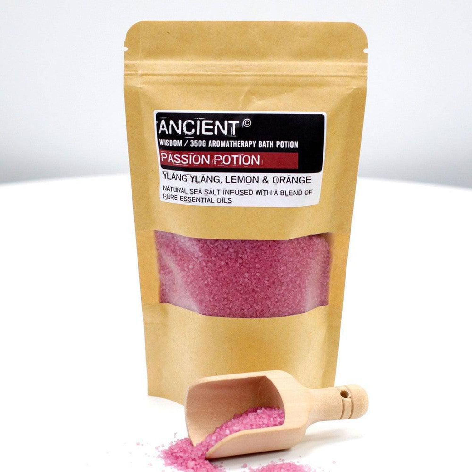Passion Potion Bath Salts | Ylang Ylang for Romance & Mood - Ignite your senses with Passion Potion Sea Salts. Ylang Ylang, Lemon & Orange create a sensual, romantic bath mood while easing muscle tension. Buy Now at Sacred Remedy