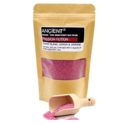 Passion Potion Bath Salts | Ylang Ylang for Romance & Mood - Ignite your senses with Passion Potion Sea Salts. Ylang Ylang, Lemon & Orange create a sensual, romantic bath mood while easing muscle tension. Buy Now at Sacred Remedy