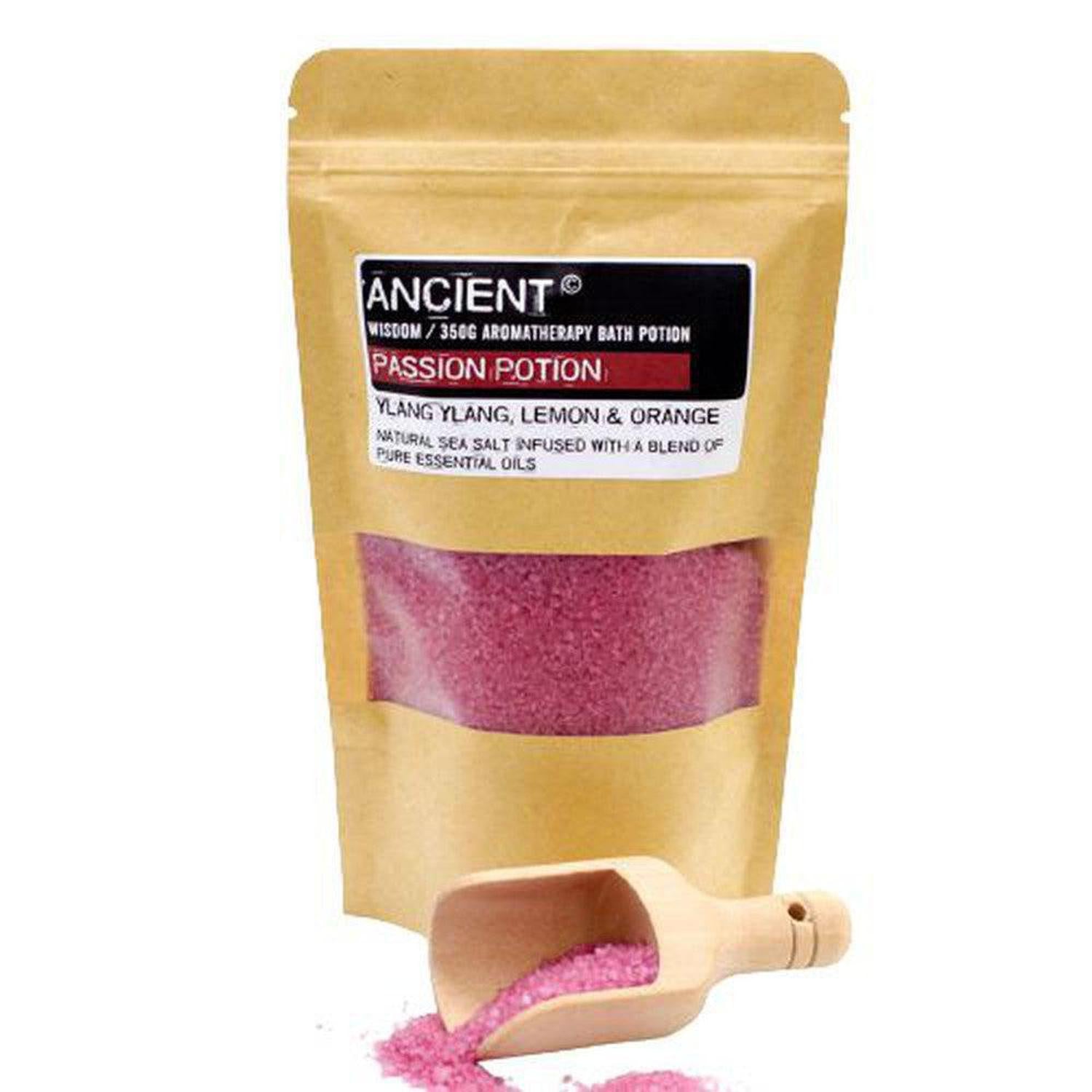 Passion Potion Bath Salts | Ylang Ylang for Romance & Mood - Ignite your senses with Passion Potion Sea Salts. Ylang Ylang, Lemon & Orange create a sensual, romantic bath mood while easing muscle tension. Buy Now at Sacred Remedy