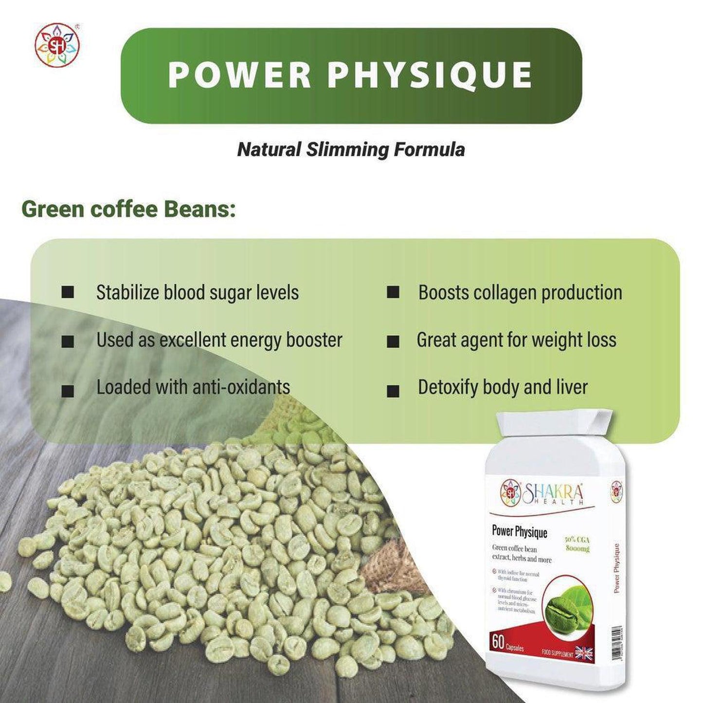 Power Physique | Unique Green Coffee Bean, High Strength Natural SIimming & Energy Formula - A high-strength, natural sIimming formula. It contains green coffee bean (8000mg) derived from "raw" unroasted coffee beans and provides 50% chlorogenic acid (CGA). Supports appetite control, reduces cravings, increases fat burning and thereby promotes weight reduction. Buy Now at Sacred Remedy